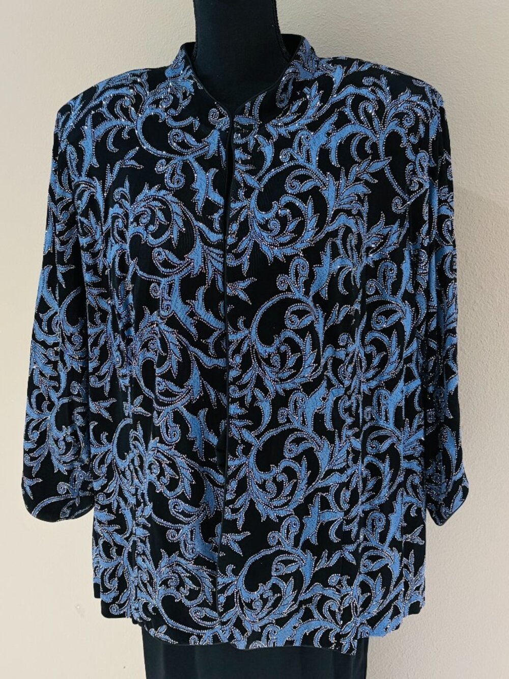 Vintage Alex Evenings 3X Black Blue Metallic Silver Shiny Evening Jacket Blazer